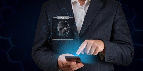 Man using mobile phone with face id scan and modern technology. Login using Face id and AI. Network...