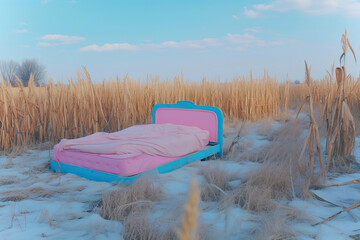 Bed in a field of flowers, fantasy scene, concept art