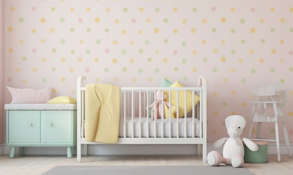  a baby's room with a crib, dresser, and wallpaper with pastel colors and polka dots on the walls and a teddy bear.  generative ai
