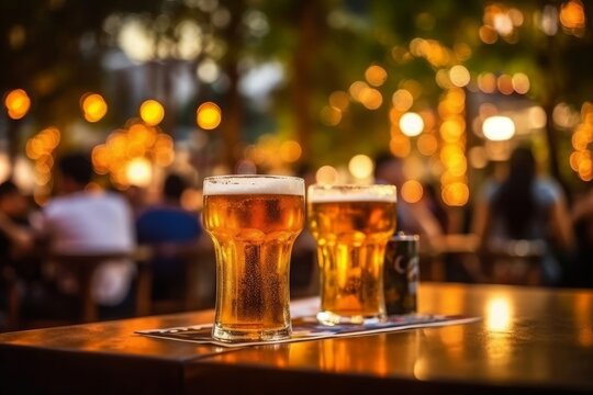 Bokeh background of Street Bar beer restaurant, outdoor in asia, People sit chill out and hang out dinner and listen to music together in Avenue, Happy life ,work hard play hard. Generative Ai