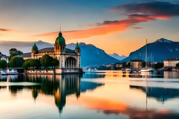 Obraz na płótnie Canvas Tranquil Swiss Lakes: Highlight the serene charm of Swiss lakes like Lake Geneva, Lake Lucerne, or Lake Zurich. Capture the crystal-clear waters reflecting the surrounding mountains, sailboats gliding