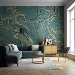  a living room with a blue couch and a gold table in front of a large window with a marbled design on the wall behind it.  generative ai