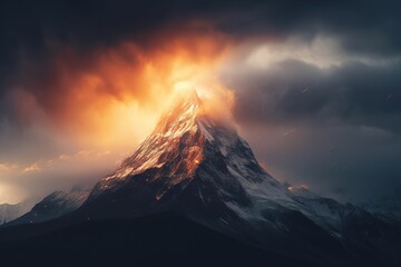 Fototapeta na wymiar mountain peak in dramatic sunset. Generative ai