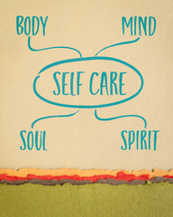 self care for body, mind,soul and spirit - mind map sketch on art paper, healthy lifestyle concept