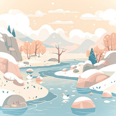 Soft color winter valley illustration, flat style illustration