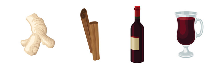 Mulled Wine Ingredient for Cooking Warm Drink Vector Set