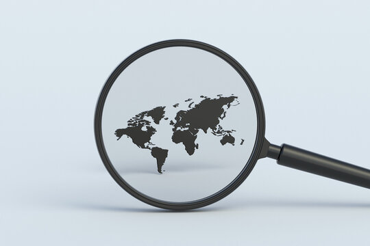 Map behind magnifying glass. 3d render