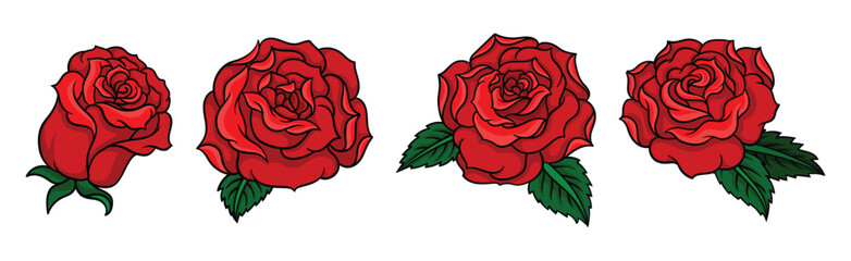 Decorative Blown Red Roses with Petal and Leaves Vector Set