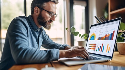 Data analysis to increase sales and revenue. Man sitting with laptop and working with growing graph. Business data analytics concept. Generative ai..