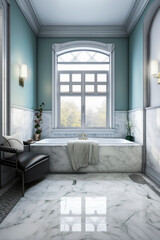 Generative AI illustration of minimalist luxury bathroom in white and pastel colors