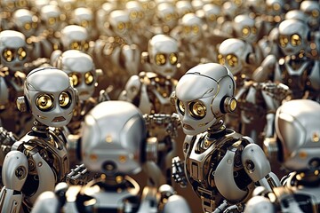 Obraz na płótnie Canvas Group of diverse robots working together metallic colors silver, gold, and bronze power of robotic teamwork