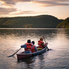 Group of people canoeing in a lake against a green hill at a beautiful sunset