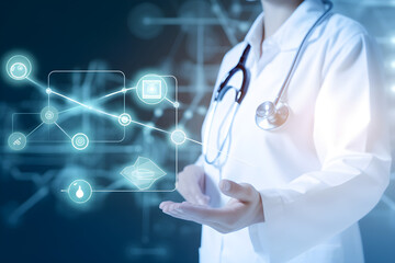 Growth potential f health tech amid demand for health services with more. Medicine doctor with stethoscope touching icon medical networking on modern interface, Medical ... Veja mais 