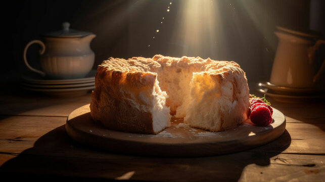 angel cake on a table in sun light, new quality stock image food illustration desktop wallpaper design, Generative AI