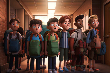 Fototapeta premium Generative AI illustration of Group of 10 - year - old students at the entrance of a school on the first day of class