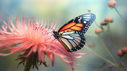 Fototapeta premium Delicate butterfly delicately rests on a vibrant wildflower, adding a touch of enchantment. Generative AI