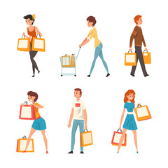 People Characters Carrying Shopping Bags with Purchases Vector Set