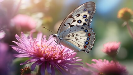 Obraz premium Delicate butterfly delicately rests on a vibrant wildflower, adding a touch of enchantment. Generative AI