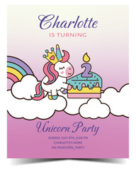 Cute doodle unicorn 2 birthday party invitation card. Ready to print. Vector illustration