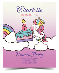 Obraz premium Cute doodle unicorn 6 birthday party invitation card. Ready to print. Vector illustration