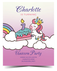 Cute doodle unicorn 7 birthday party invitation card. Ready to print. Vector illustration