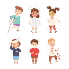 Sick Little Boy and Girl Feeling Unwell Suffering from Illness Vector Illustration Set
