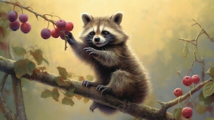 Naklejka premium Silly raccoon balances on a branch, trying to reach a dangling berry, testing its mischievous nature. Generative AI