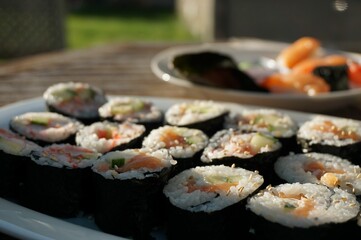 Closeup of sushi rolls in a white plate.