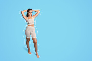 Happy pretty millennial caucasian slim woman athlete in sportswear with abstract fat body around