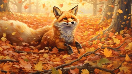 Sprightly fox pounces through a bed of fallen leaves, leaving a trail of autumn magic. Generative AI