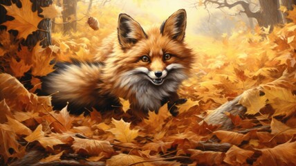 Naklejka premium Sprightly fox pounces through a bed of fallen leaves, leaving a trail of autumn magic. Generative AI