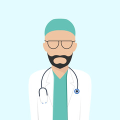 Fototapeta premium Male doctor in a white coat with a statoscope. Male surgeon in a flat faceless style. Doctor.Vector illustration for design and print