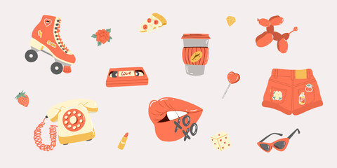 Collection of summer stickers. Cup of coffee, shorts, roller skate, pizza, sunglasses, balloon dog, telephone. Retro elements. Vector set