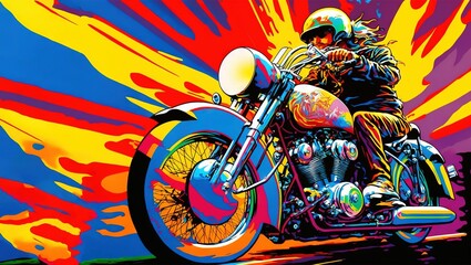 Bright and colorful illustration of a cool biker riding a motorcycle