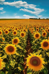 "Sunflowers as far as the eye can see." A panoramic view of a sunflower field stretching as far as the eye can see. Generative AI 