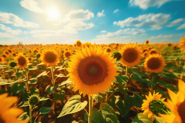Fototapeta premium Endless sunflowers in bloom. A panoramic view of a sunflower field stretching as far as the eye can see. Generative AI 