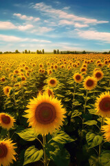 Obraz premium Endless sunflowers in bloom. A panoramic view of a sunflower field stretching as far as the eye can see. Generative AI 