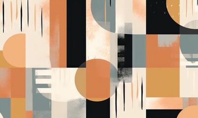  an abstract painting with orange and gray shapes and lines and circles on a black background with a white circle in the middle of the image.  generative ai