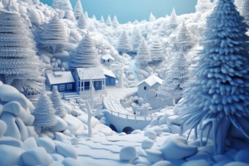 Fototapeta na wymiar Winter scene of small houses covered with snow, surrounded by large fir trees. AI generative