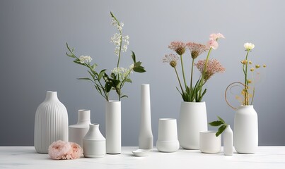  a group of white vases with flowers in them on a white table top with a gray background and a pink flower in the middle of the vase.  generative ai