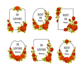 Funeral Red Rose Frame with Text Quote and Inscription Vector Set