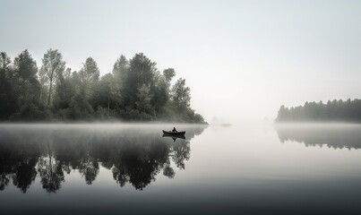  a boat floating on top of a lake next to a lush green forest filled with trees on a foggy day in the middle of the day.  generative ai