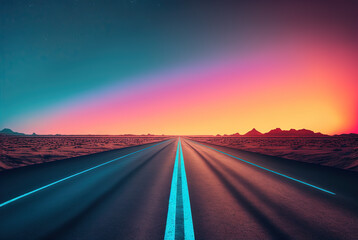 Road to the horizon concept with synthwave colors. Abstract background with surreal night way in 80s style. Generated AI - obrazy, fototapety, plakaty