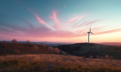 Obraz premium a wind turbine on top of a hill with a pink sky in the background and a few clouds in the sky over the hills and below. generative ai