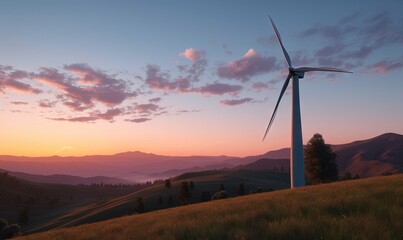 Obraz premium a wind turbine on a hill with a sunset in the background and hills in the foreground with trees and hills in the foreground. generative ai
