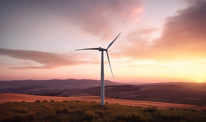 Obraz premium a wind turbine on a hill with a sunset in the background and hills in the foreground, with hills in the foreground, and hills in the foreground. generative ai