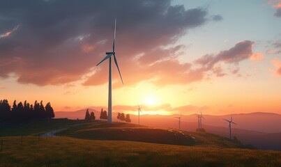 Obraz premium a wind farm at sunset with a few windmills in the distance and the sun setting in the distance behind the wind mills and trees. generative ai