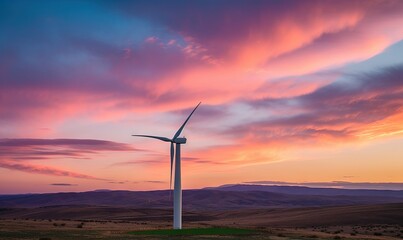 Obraz premium a wind turbine in a field with a colorful sky in the background at sunset or sunrise or sunset, with a few clouds in the sky. generative ai