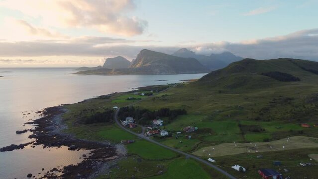 Aerial drone footage of Gravdal, Lofoten Islands in Norway