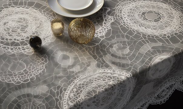 a table topped with a white plate next to a cup and saucer on top of a tablecloth covered in white doily and lace.  generative ai